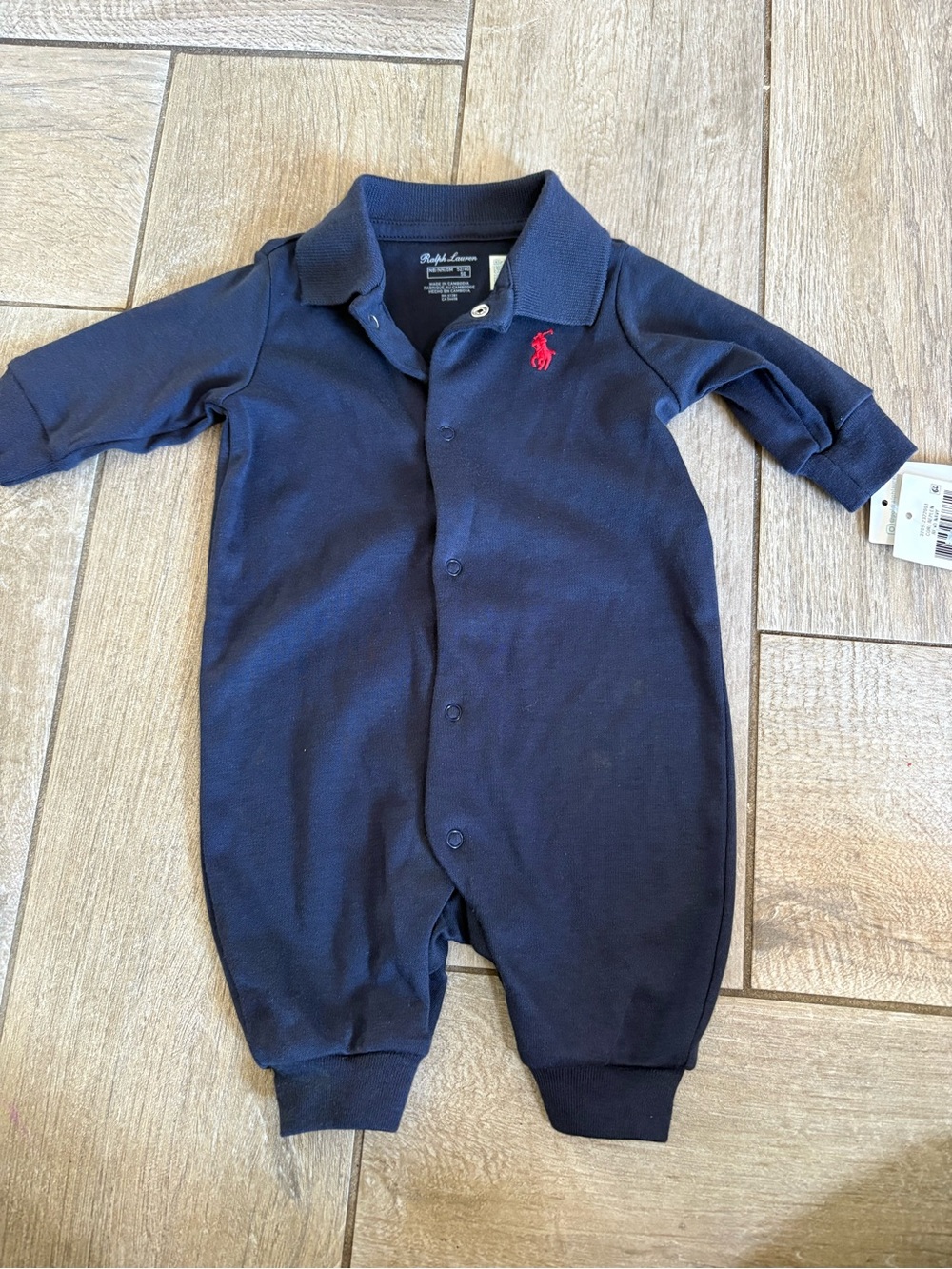 Ralph Lauren Navy Polo Snap-Front Baby One-Piece with Red Logo Newborn